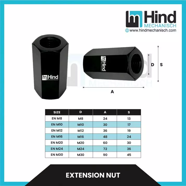 HINDMECHANISCH M12 Carbon Steel Extension Nut, HM-EN12 (Pack of 10)
