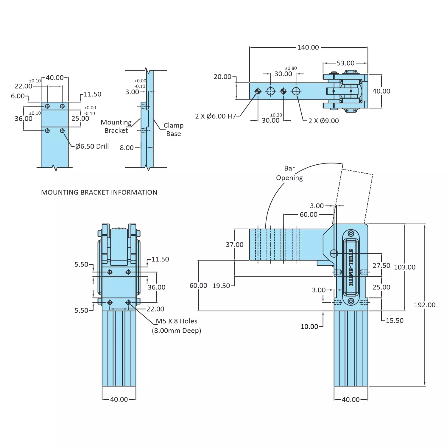 STEEL-SMITH Pneumatic Clamp with Solid Horizontal Arm, SSC-2550-HA