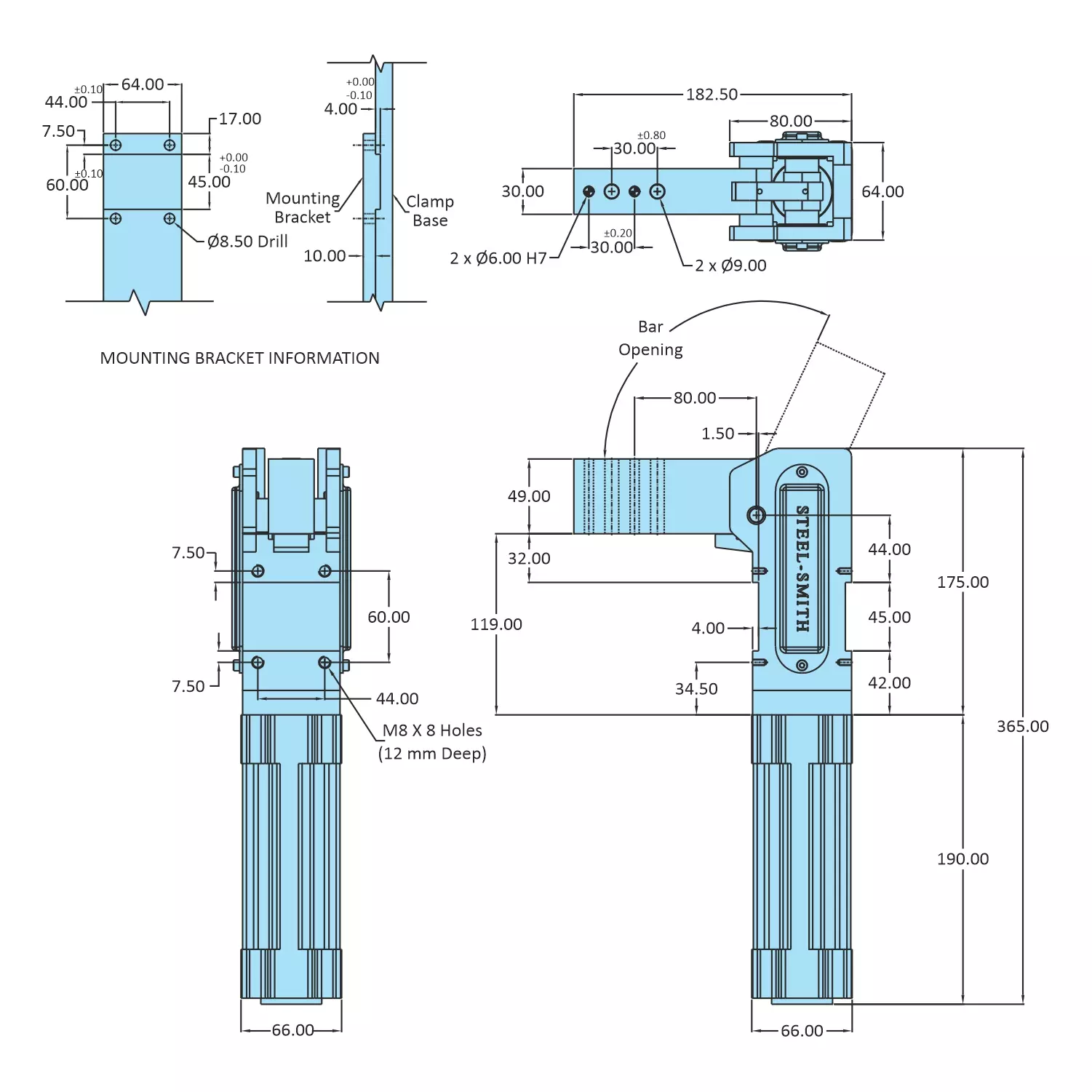 STEEL-SMITH Pneumatic Clamp with Solid Horizontal Arm, SSC-5065-HA