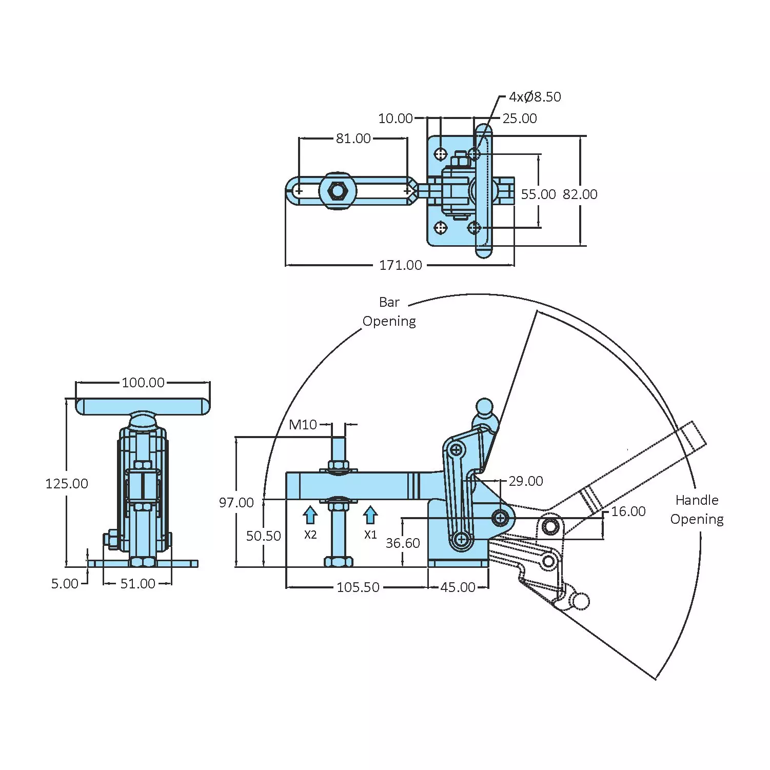 STEEL-SMITH Flanged Base Automotive Clamps 150° HV-700-FUT