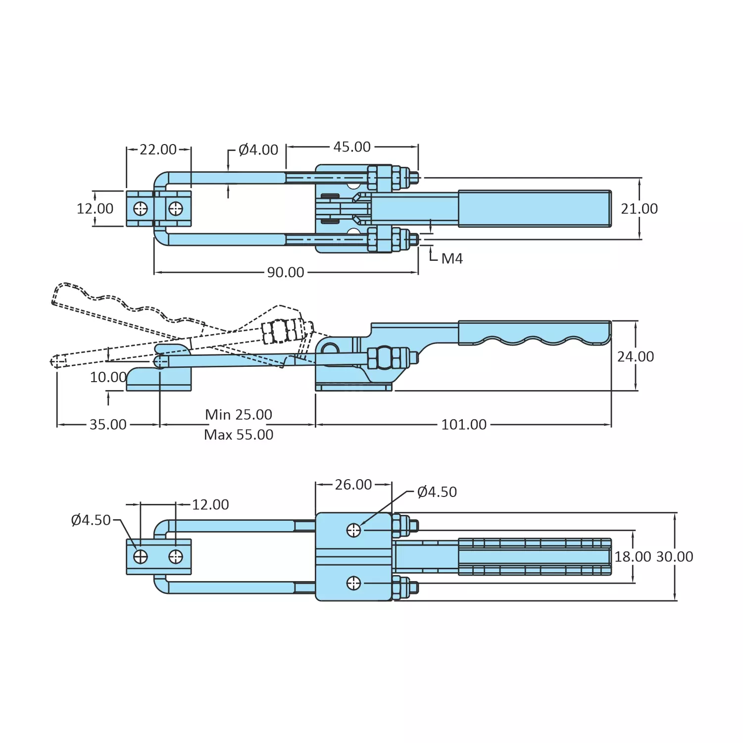 STEEL-SMITH Pull Action Clamp Flanged Base 1 kN, PAH-15-500-SS