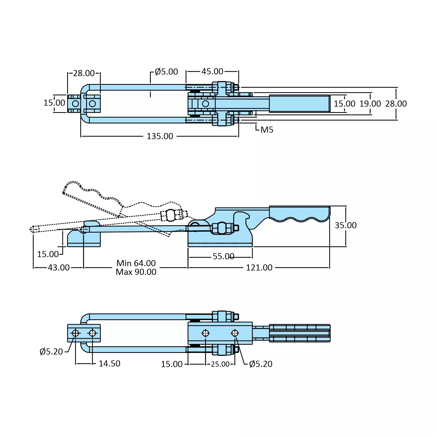 STEEL-SMITH Pull Action Clamp Flanged Base 2 kN, PAH-25-1000-M25-SS