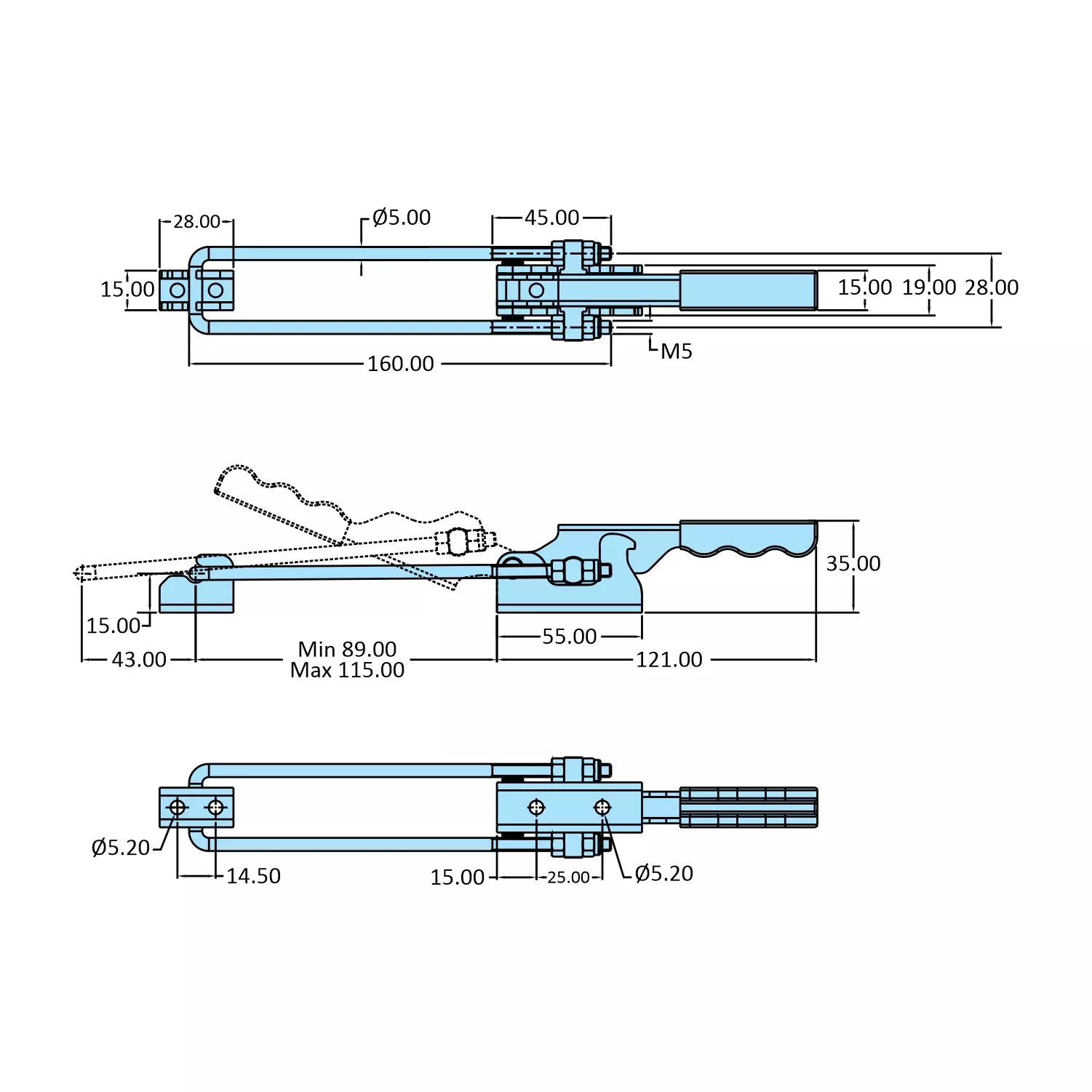 STEEL-SMITH Pull Action Clamp Flanged Base 2 kN, PAH-25-1000-M50-SS