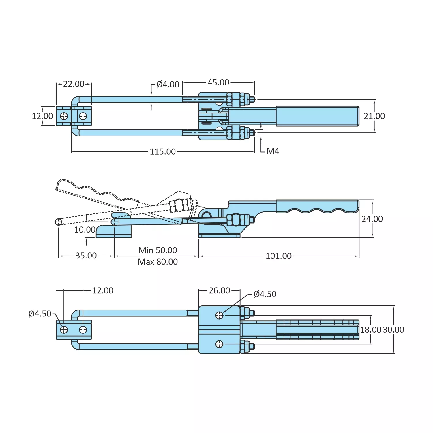 STEEL-SMITH Pull Action Clamp Flanged Base 1 kN, PAH-15-500-M25-SS