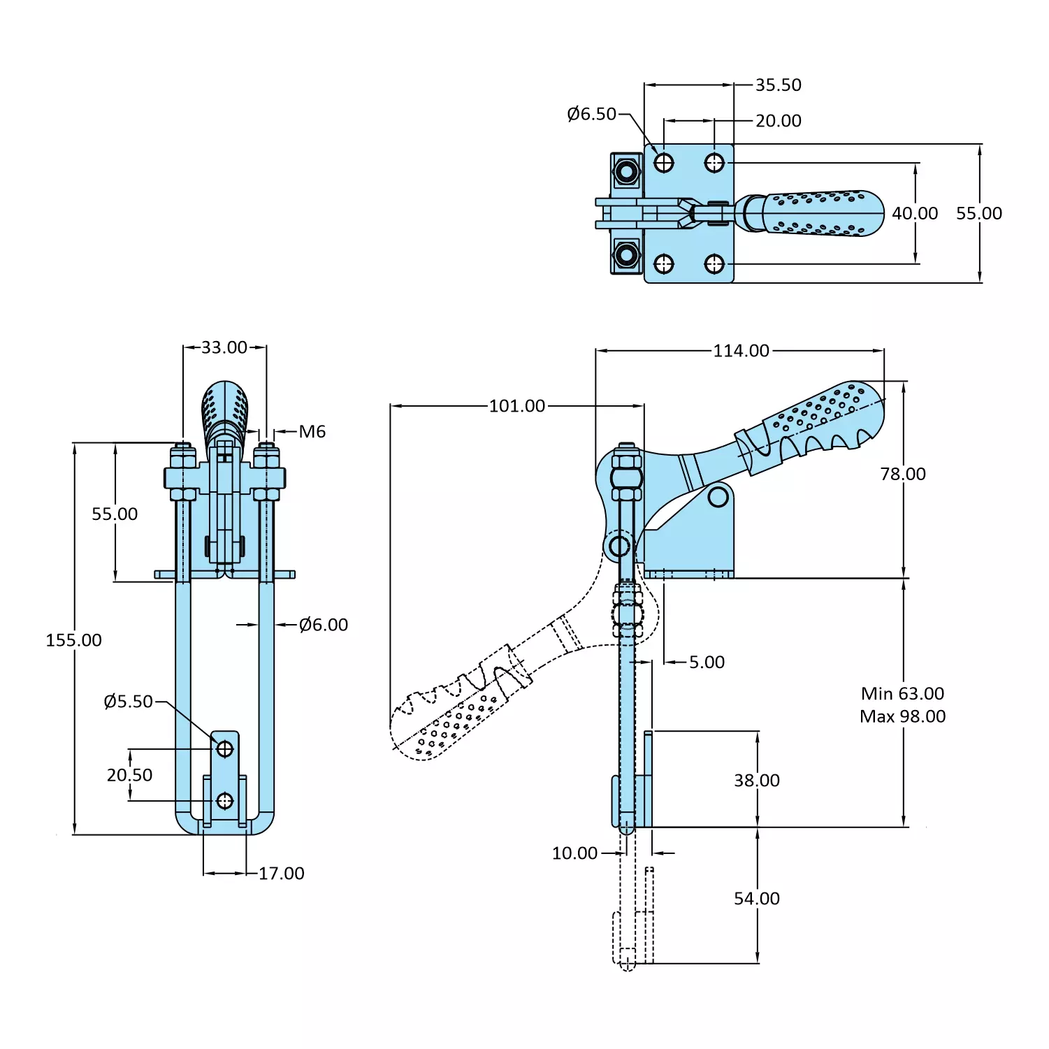 STEEL-SMITH Pull Action Clamp Flanged Base 4.9 kN, PAV-850-M25-SS