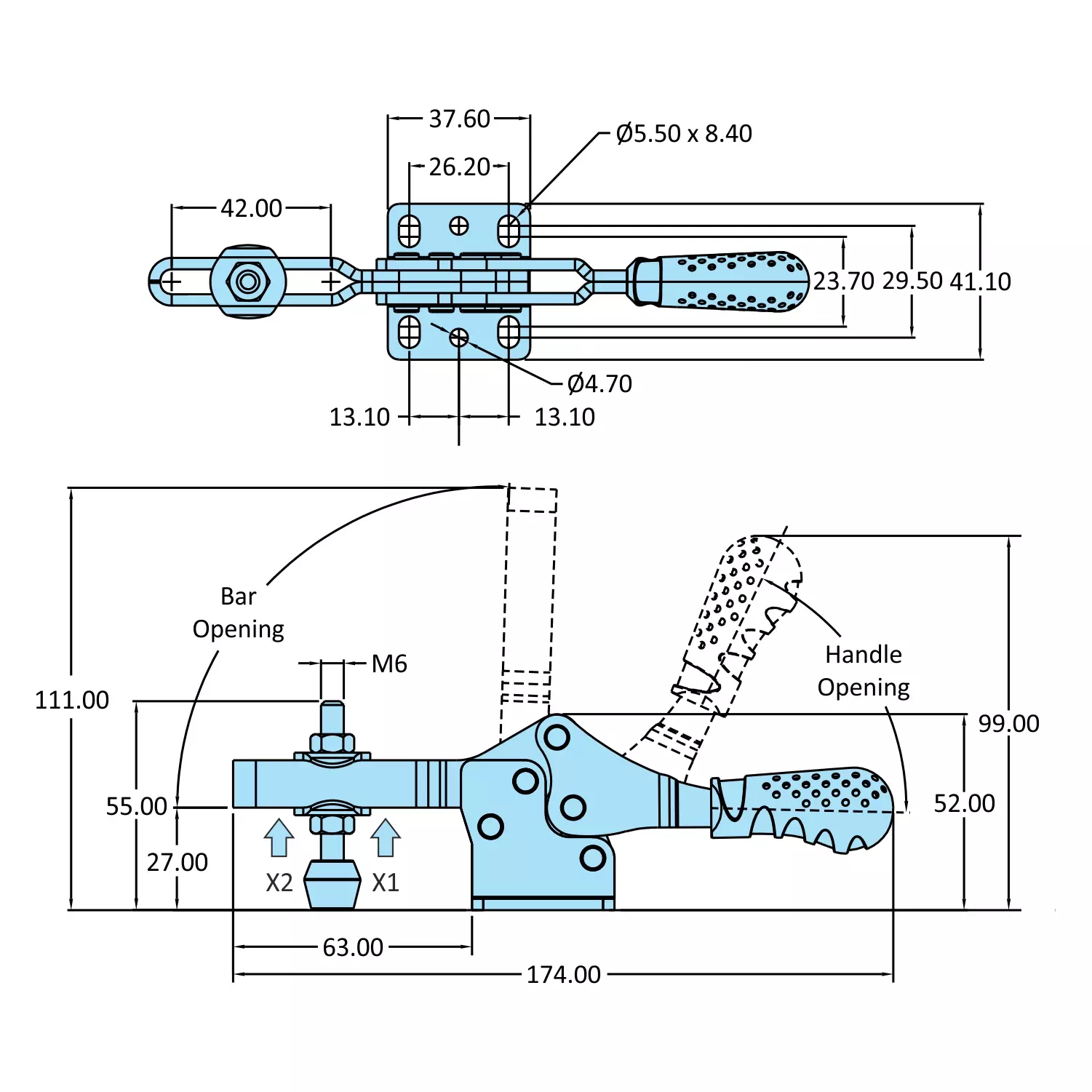 STEEL-SMITH Horizontal Hold Down Action Clamps Flanged Base 1 kN, H-217-U-AB