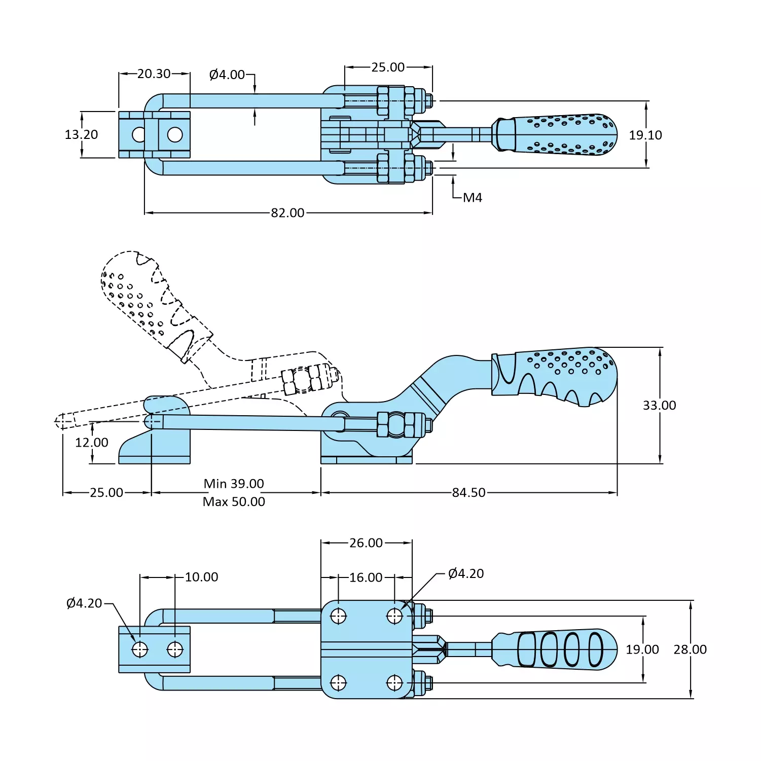 STEEL-SMITH Pull Action Clamp Flanged Base 1.5 kN, PAH-323-M25-SS
