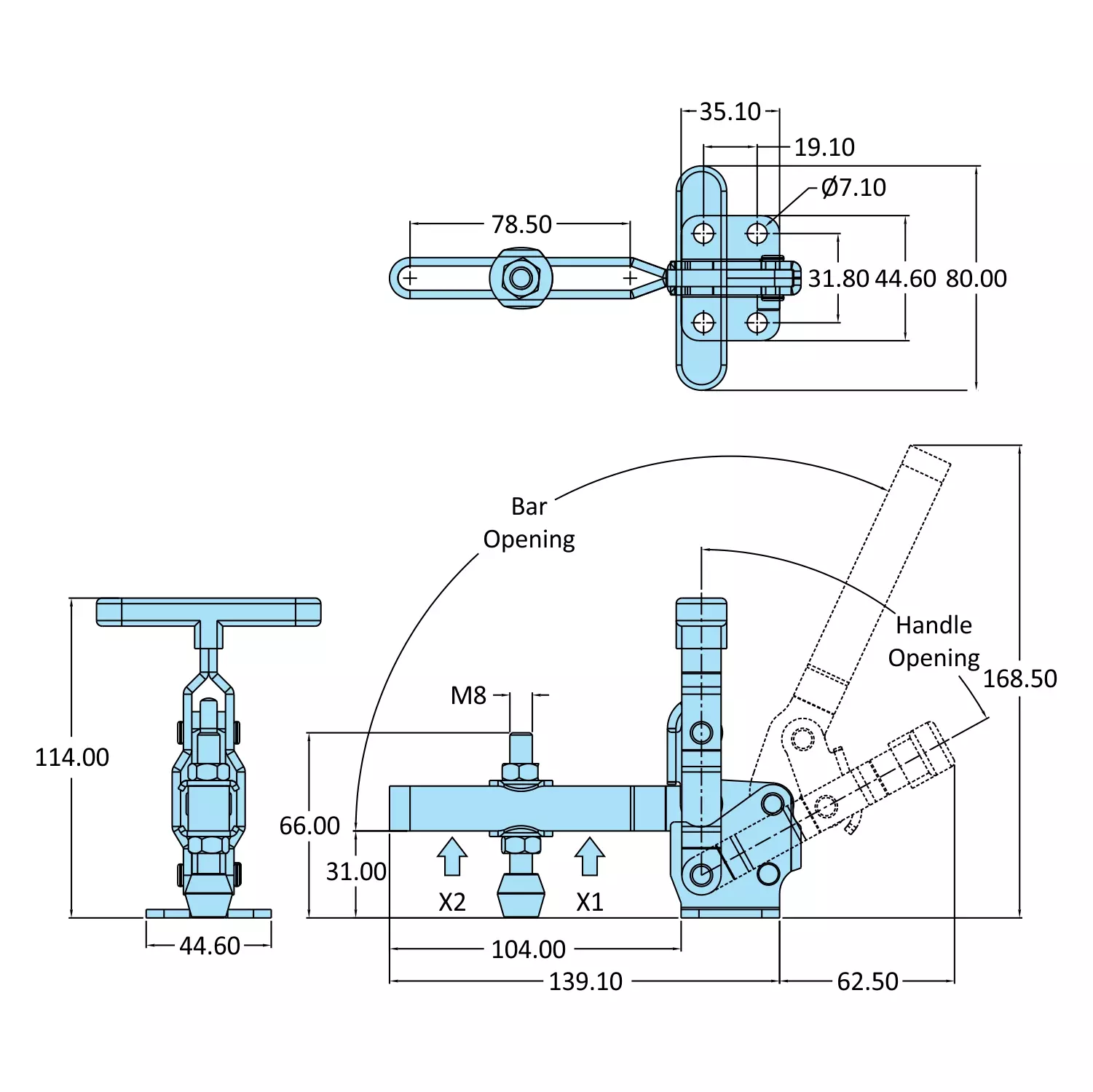 STEEL-SMITH Vertical Hold Down Action T-Handle Clamps Flanged Base 1.5kN, VTC-207-TUL