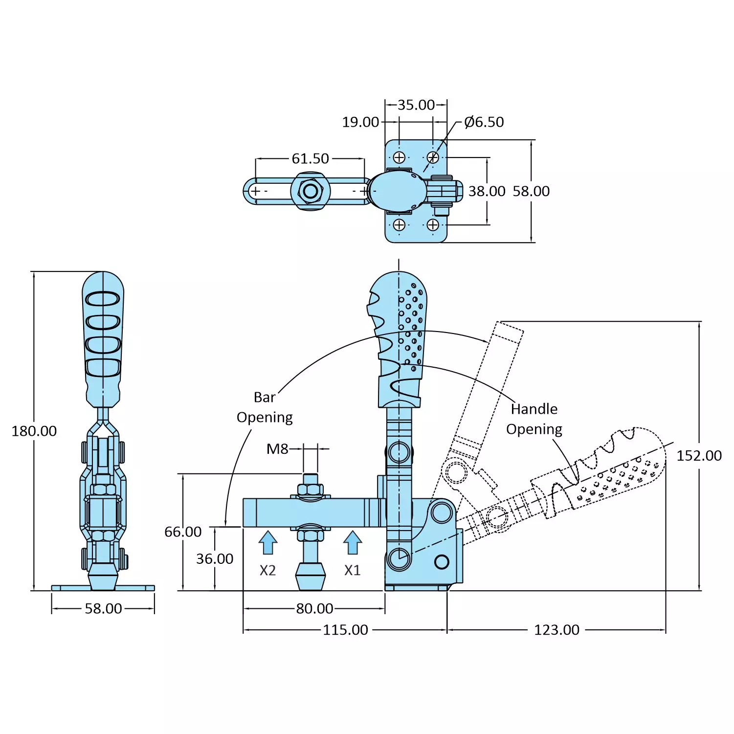 STEEL-SMITH Vertical Hold Down Action Medium Duty Clamps Flanged Base 2kN, VTC-3670-UB-SS