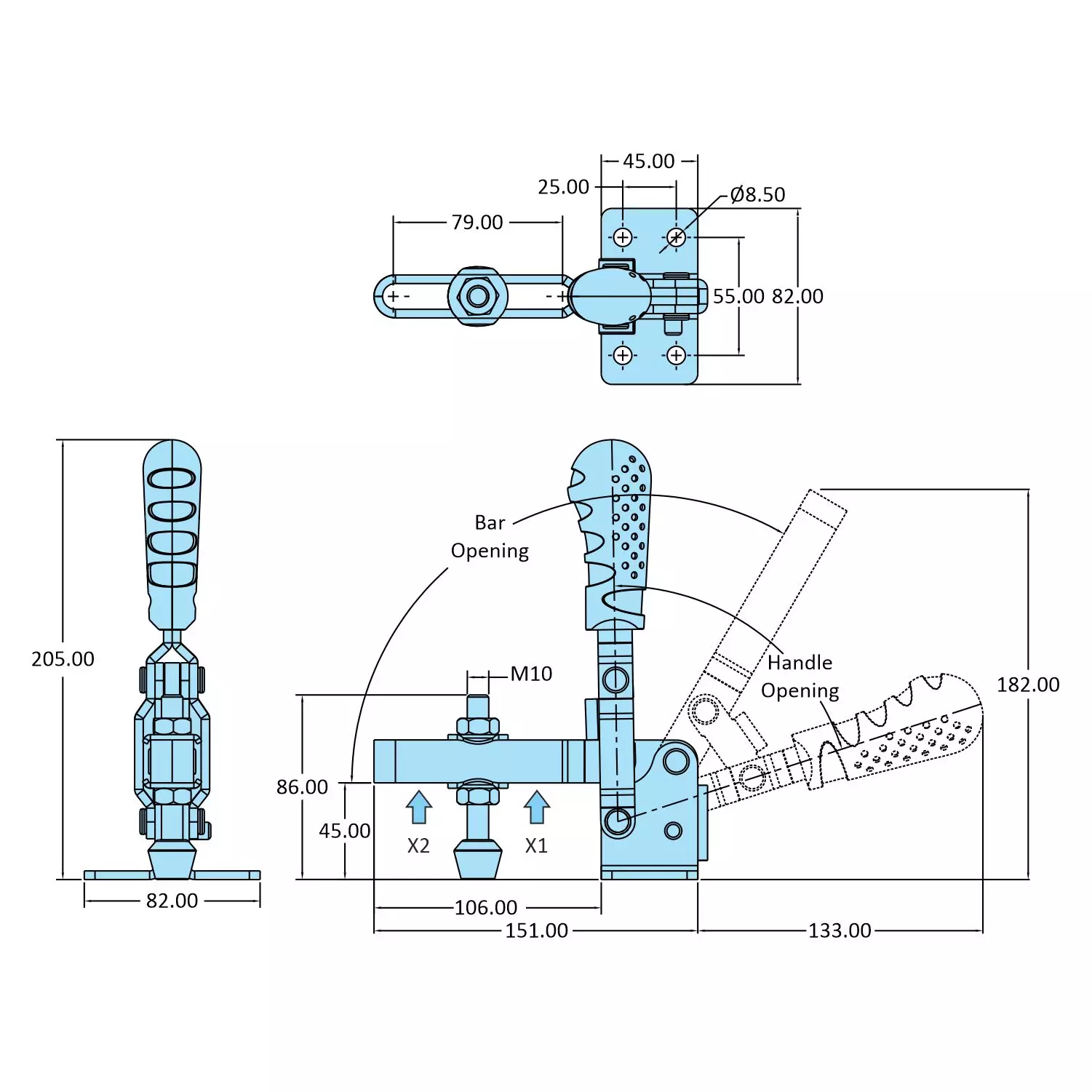 STEEL-SMITH Vertical Hold Down Action Medium Duty Clamps Flanged Base 3.9kN, VTC-4595-UB-SS