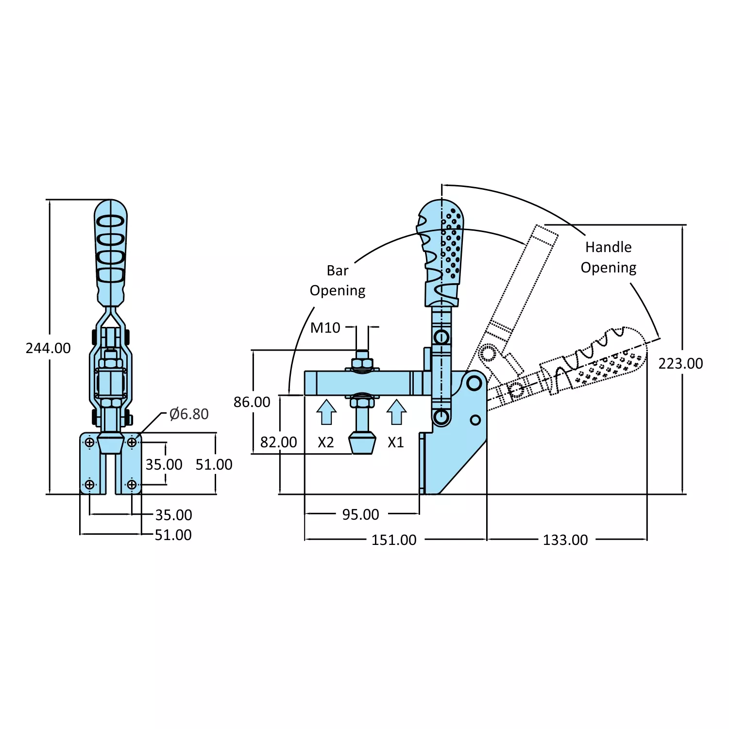 STEEL-SMITH Vertical Hold Down Action Medium Duty Clamps Front Base 4.90 kN, VTC-8296-UB-FM-SS