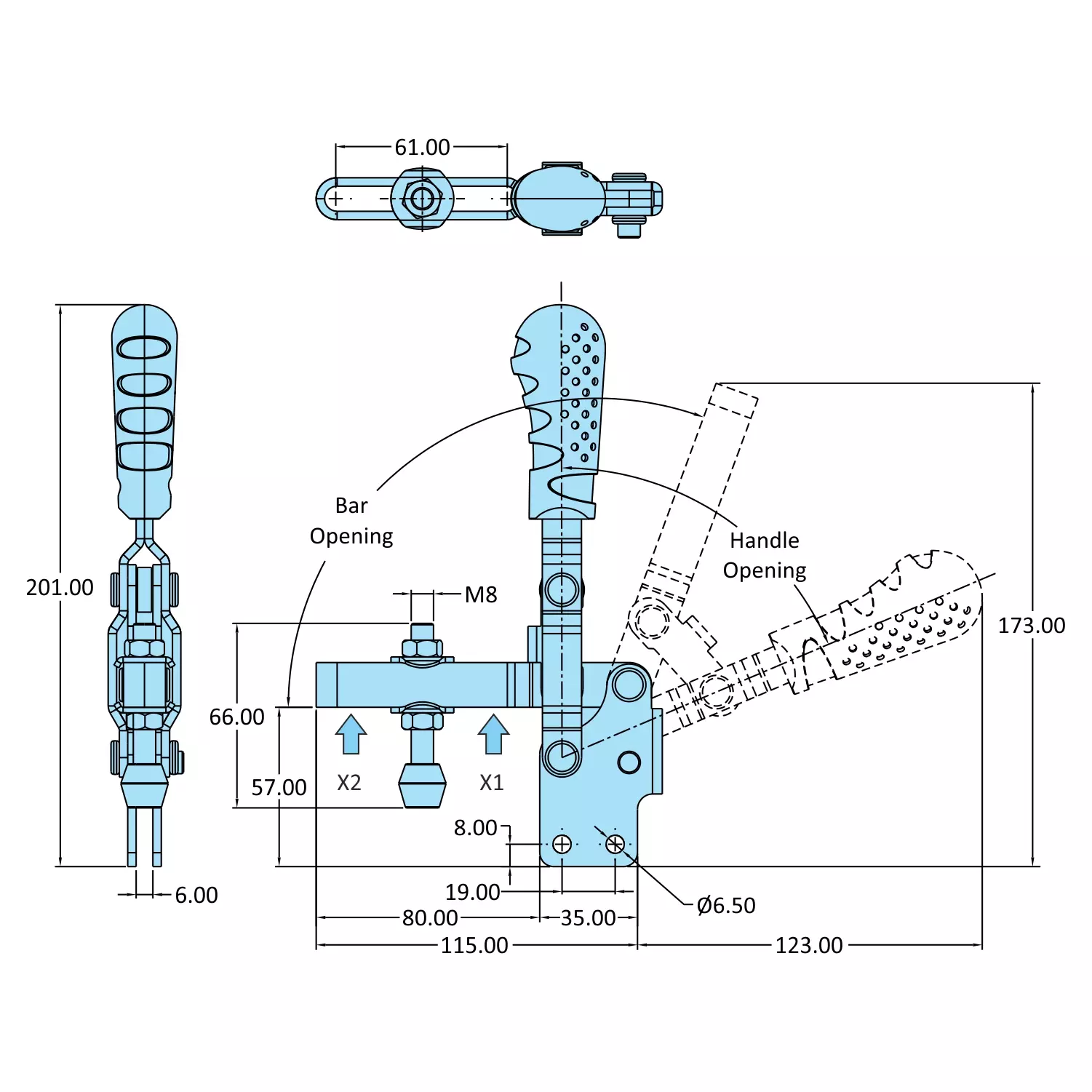 STEEL-SMITH Vertical Hold Down Action Medium Duty Clamps Straight Base 1kN, VTC-3670-UB-BS