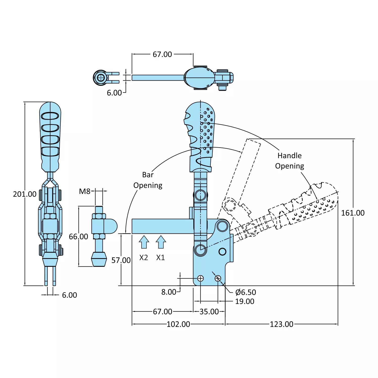 STEEL-SMITH Vertical Hold Down Action Medium Duty Clamps Straight Base 2kN, VTC-3670-SB-BS