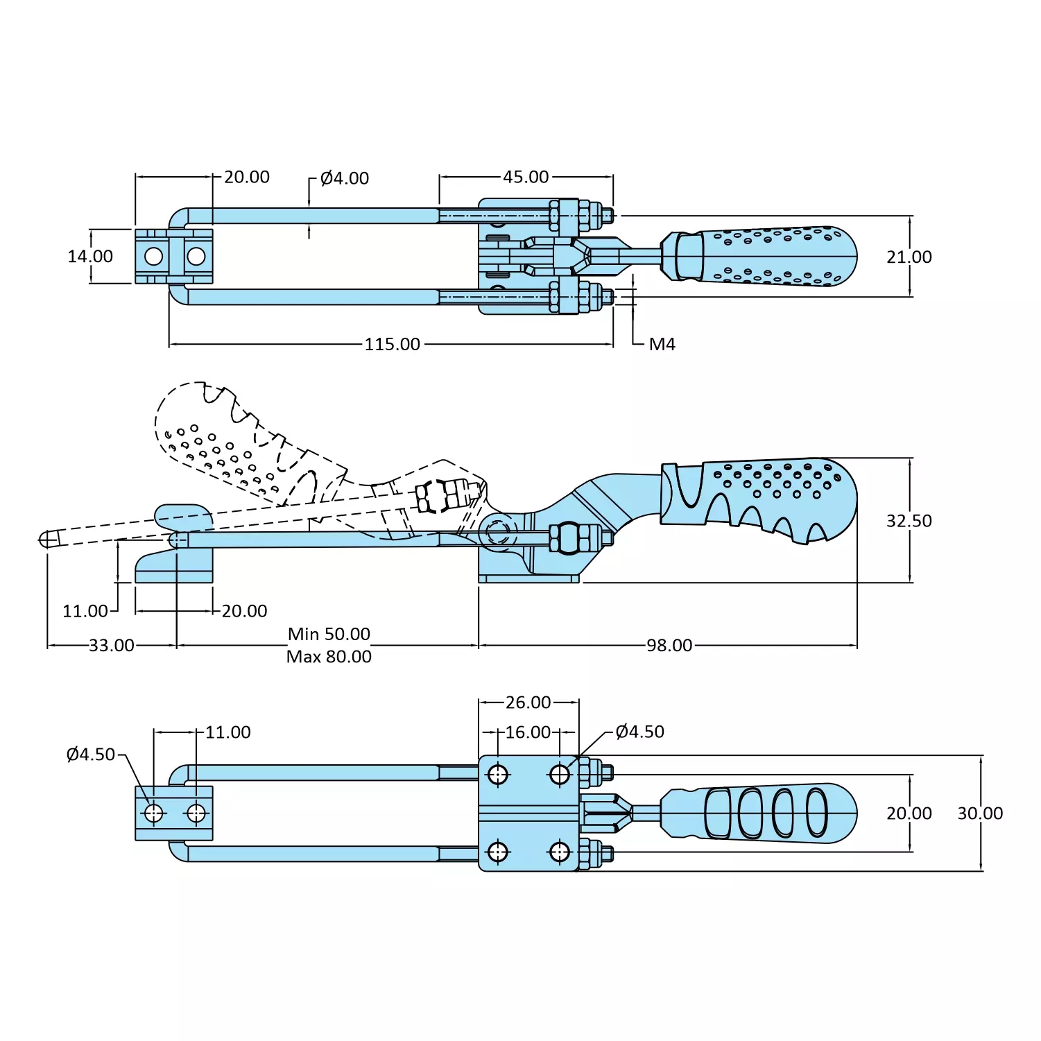 STEEL-SMITH Pull Action Clamp Flanged Base 1 kN, PAH-1210-M25-SS