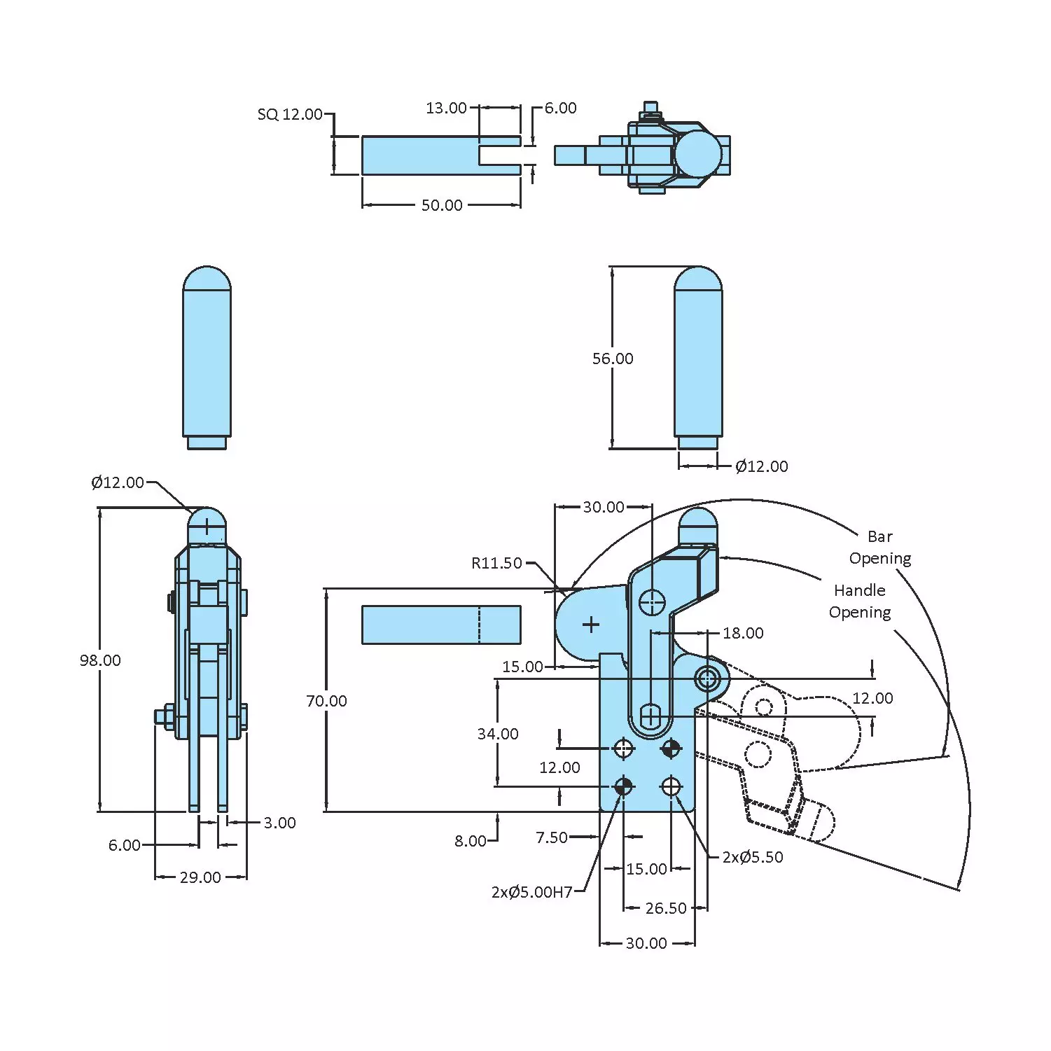 STEEL-SMITH Action Toggle Clamp Straight Base 2kN, HV-BII-100-BS