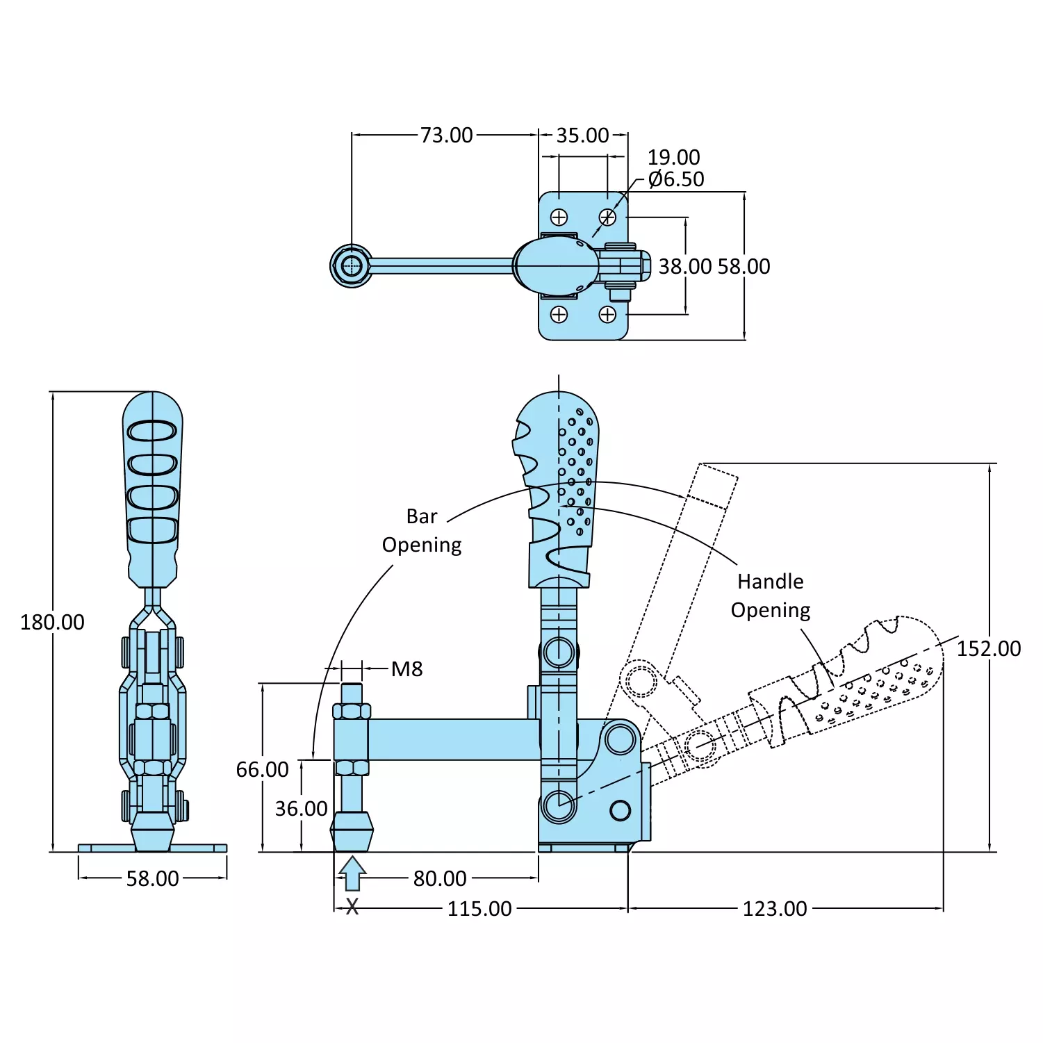 STEEL-SMITH Vertical Hold Down Action Medium Duty Clamps Flanged Base 2kN, VTC-3670-SF