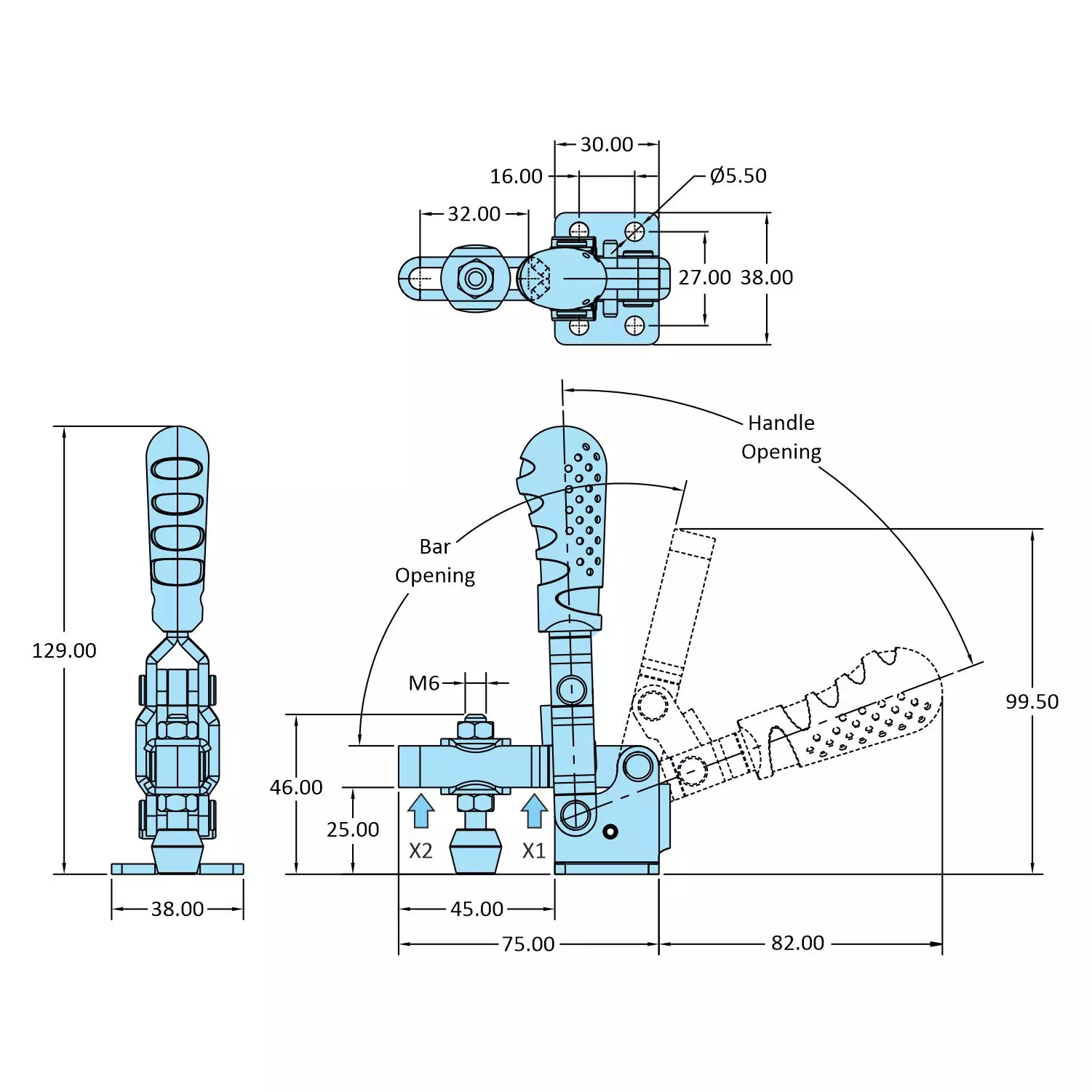 STEEL-SMITH Vertical Hold Down Action Medium Duty Clamps Straight Base 1 kN, VTC-2535-UB-SS