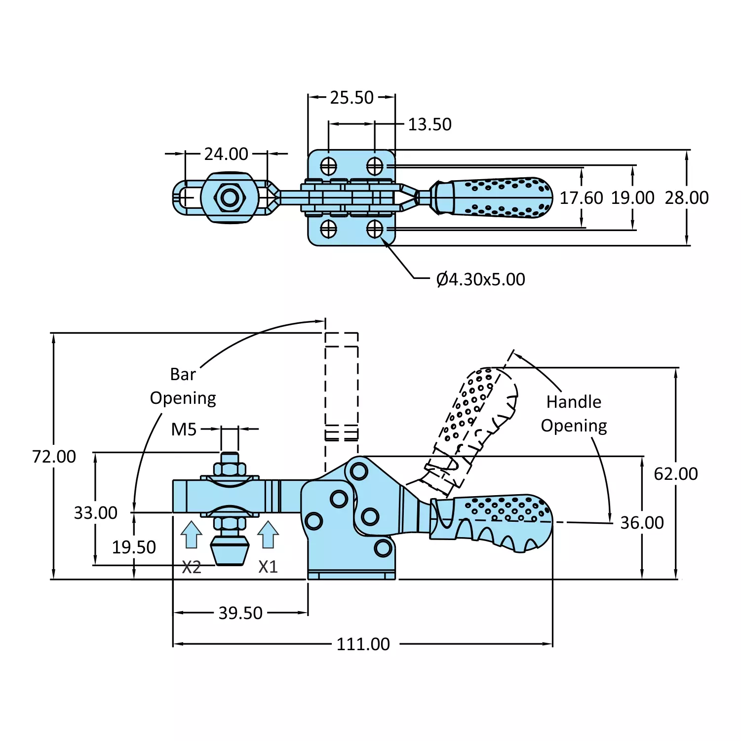 STEEL-SMITH Horizontal Hold Down Action Clamps Flanged Base 0.7 kN, H-213-U-AB