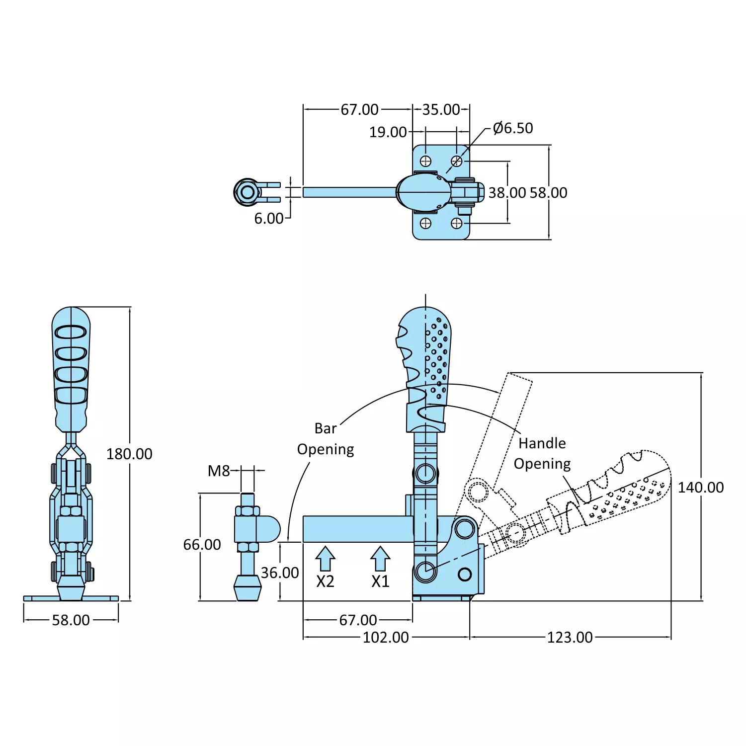 STEEL-SMITH Vertical Hold Down Action Medium Duty Clamps Flanged Base 2kN, VTC-3670-SB