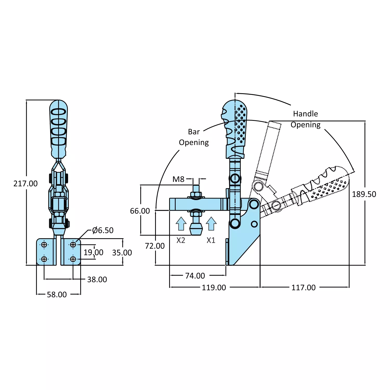 STEEL-SMITH Vertical Hold Down Action Medium Duty Clamps Front Base 2.00 kN, VTC-7273-UB-FM-SS