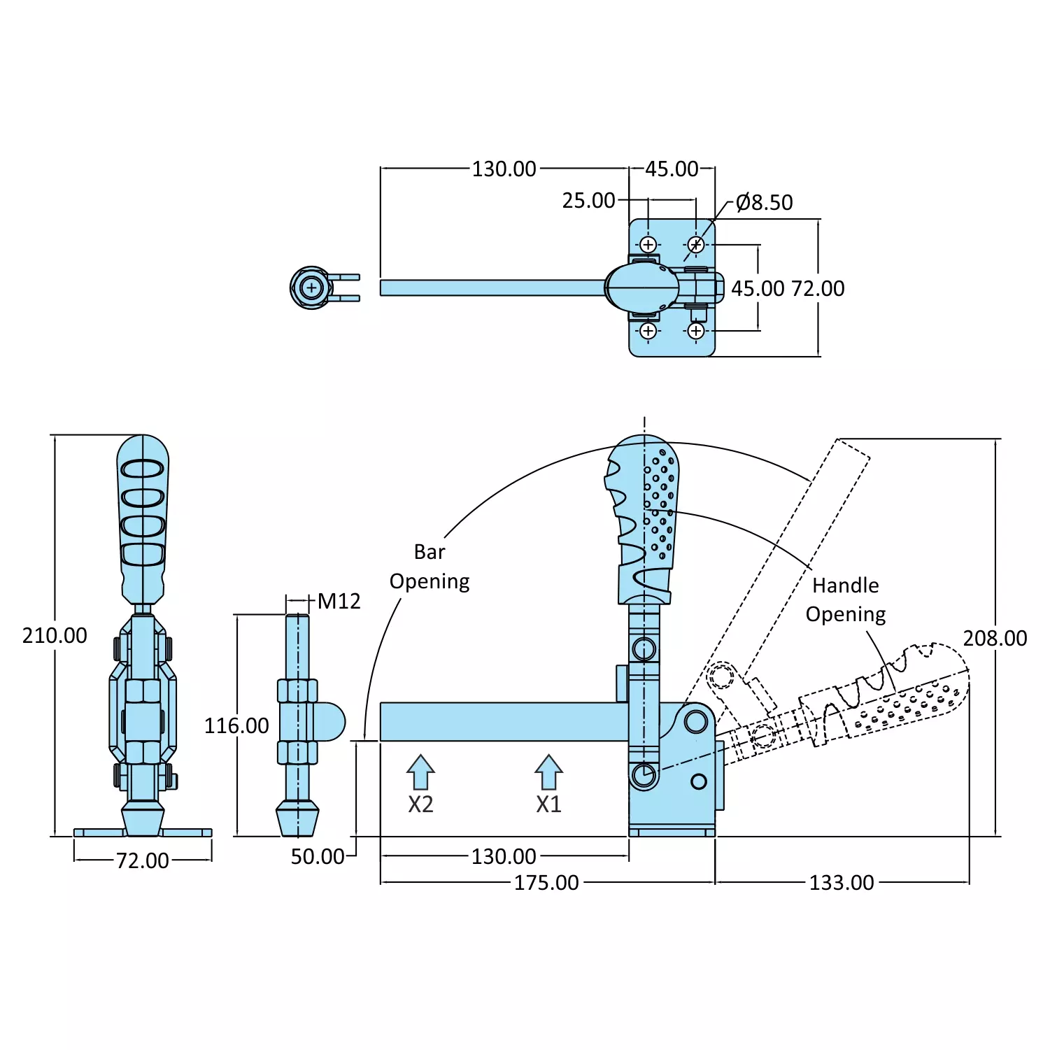 STEEL-SMITH Vertical Hold Down Action Medium Duty Clamps Flanged Base 3.4kN, VTC-50125-SB