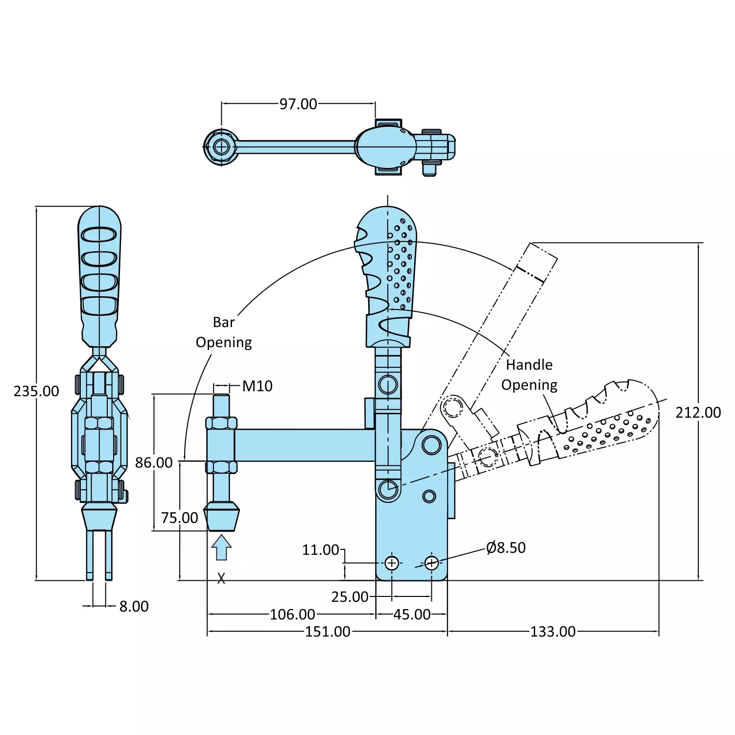 STEEL-SMITH Vertical Hold Down Action Medium Duty Clamps Straight Base 2kN, VTC-4595-SF-BS