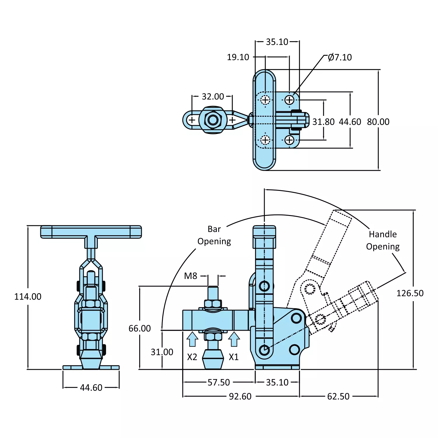 STEEL-SMITH Vertical Hold Down Action T-Handle Clamps Flanged Base 1.7kN, VTC-207-TU-SS