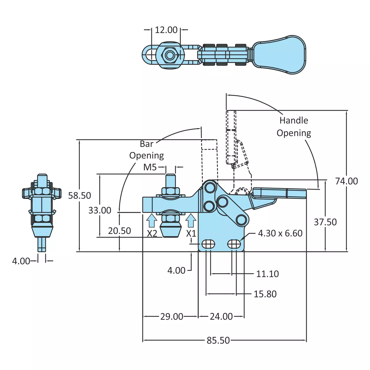 STEEL-SMITH Horizontal Hold Down Action Straight Base 0.5kN, H-206-UB