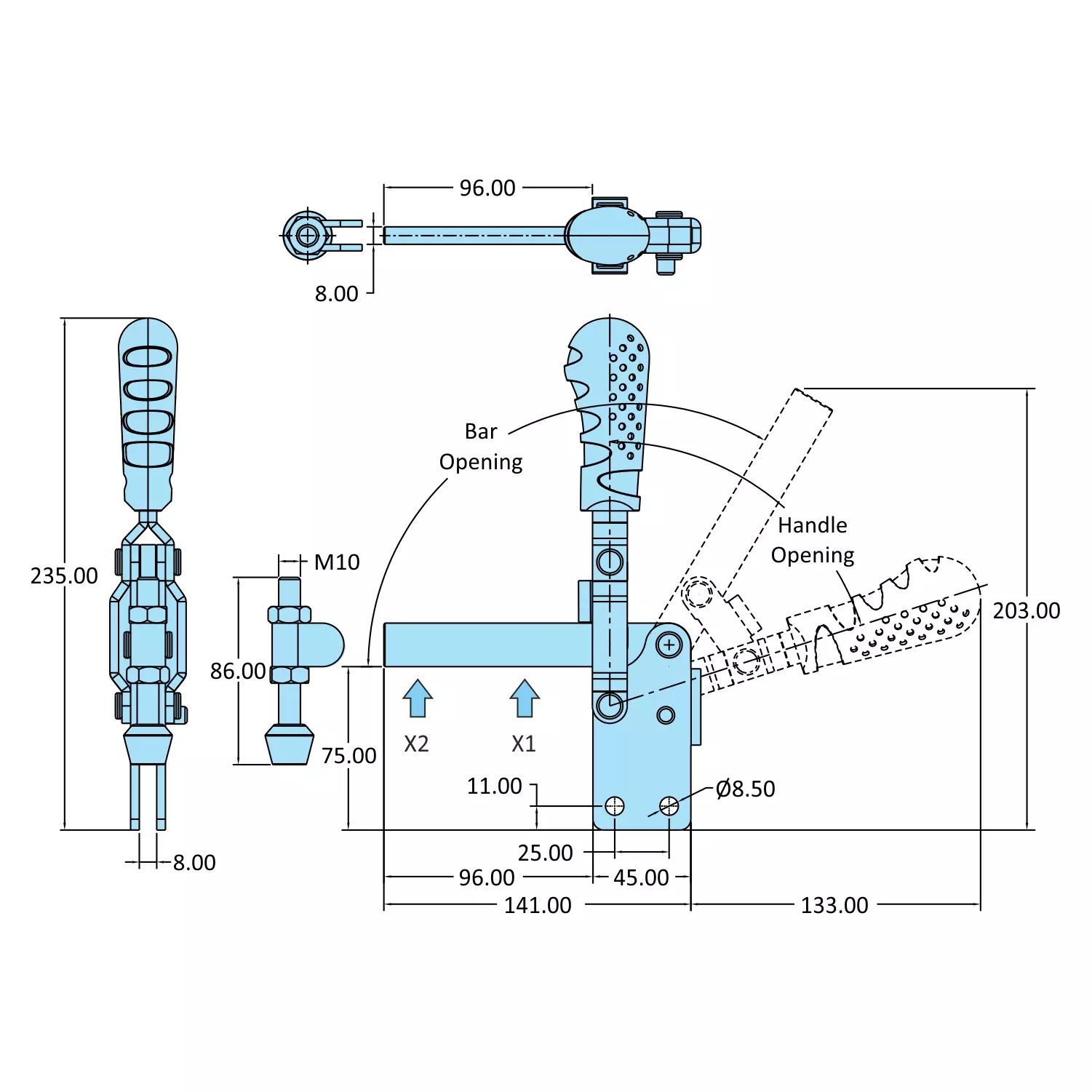 STEEL-SMITH Vertical Hold Down Action Medium Duty Clamps Straight Base 2kN, VTC-4595-SB-BS