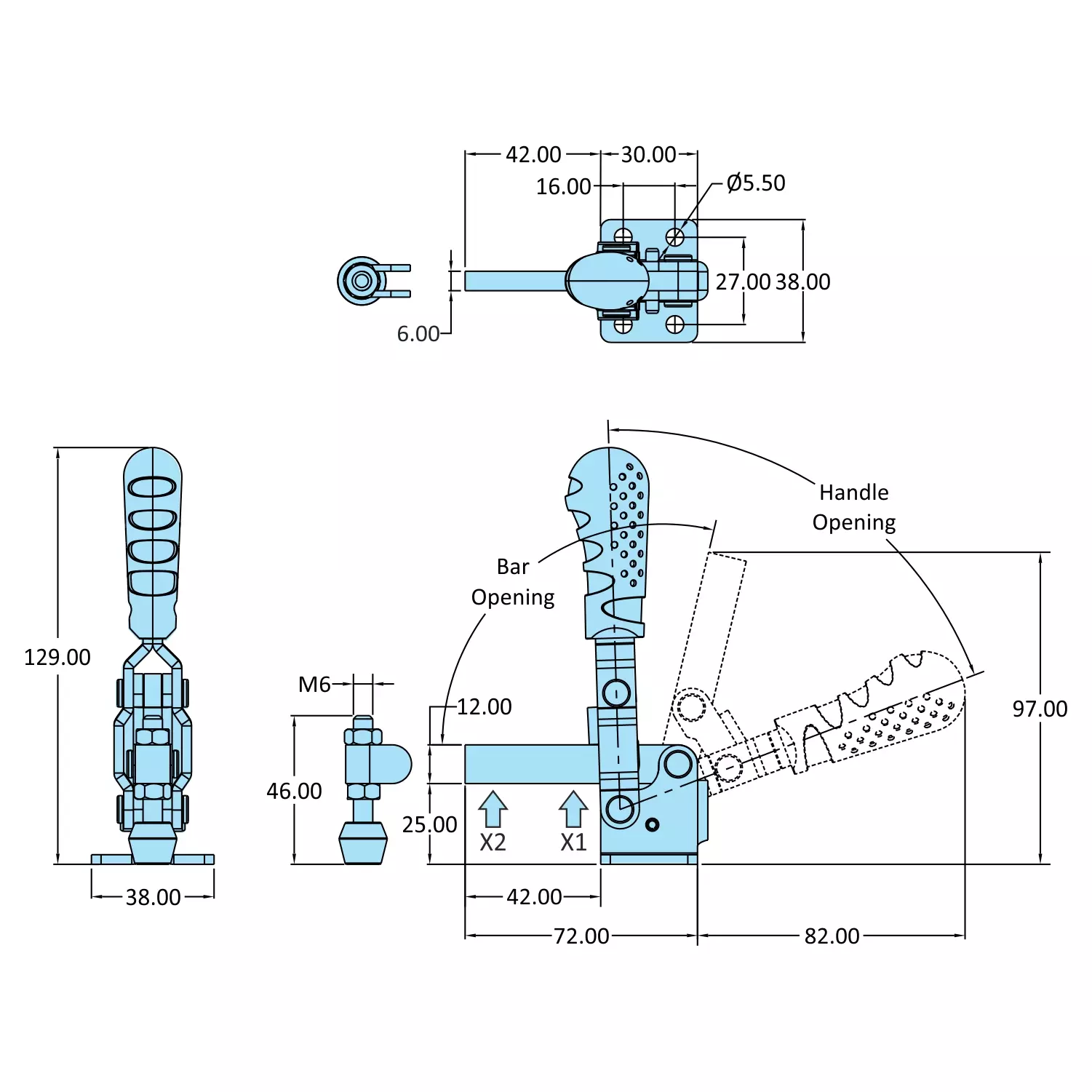 STEEL-SMITH Vertical Hold Down Action Medium Duty Clamps Flanged Base 1 kN, VTC-2535-SB