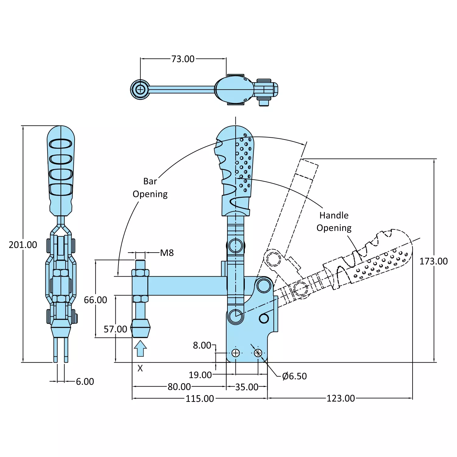 STEEL-SMITH Vertical Hold Down Action Medium Duty Clamps Straight Base 1kN, VTC-3670-SF-BS