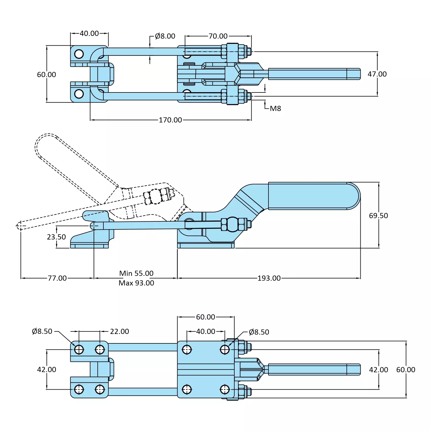 STEEL-SMITH Pull Action Clamp Flanged Base 9.3 kN, PAH-2445-M25-SS
