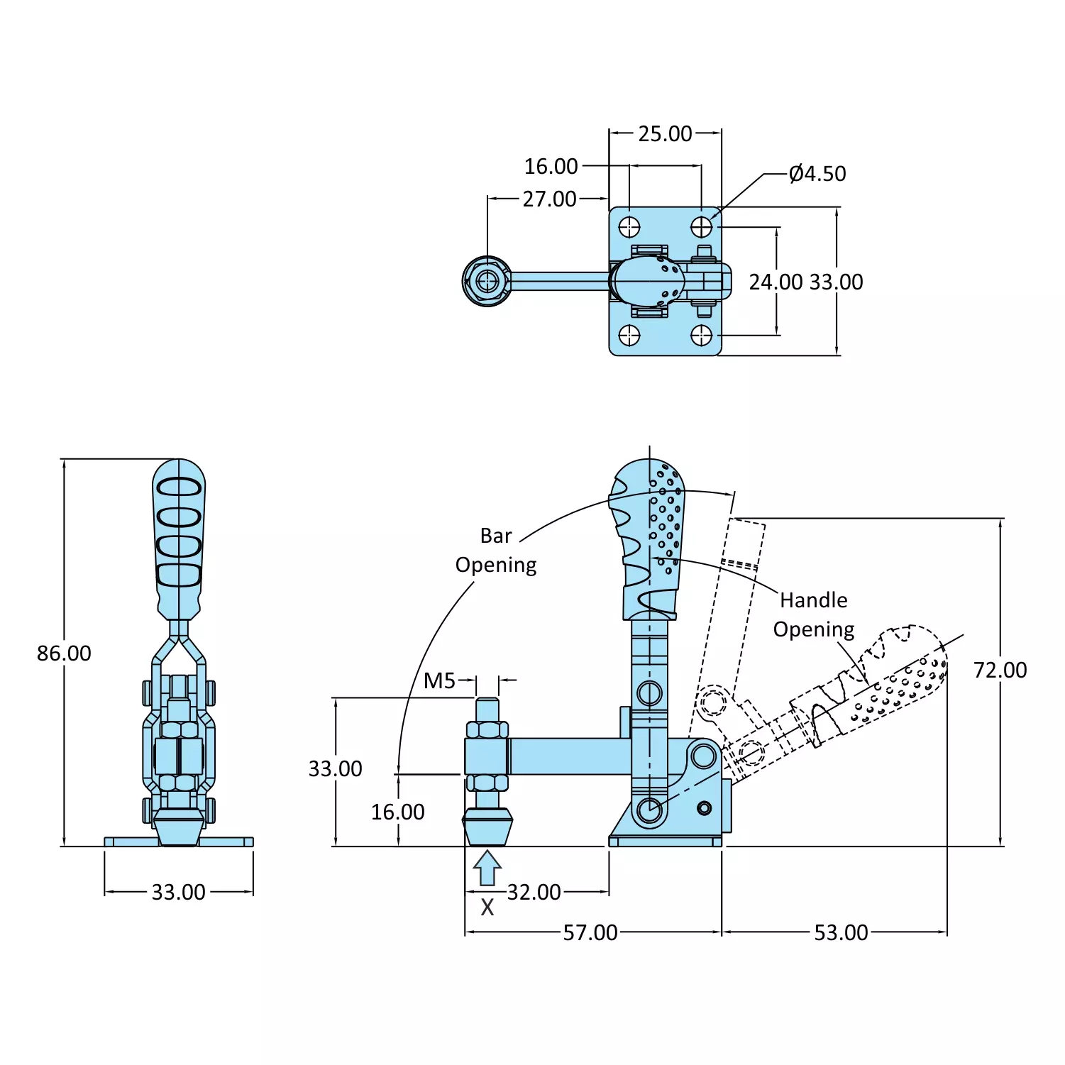 STEEL-SMITH Vertical Hold Down Action Medium Duty Clamps Flanged Base 0.5kN, VTC-1625-SF