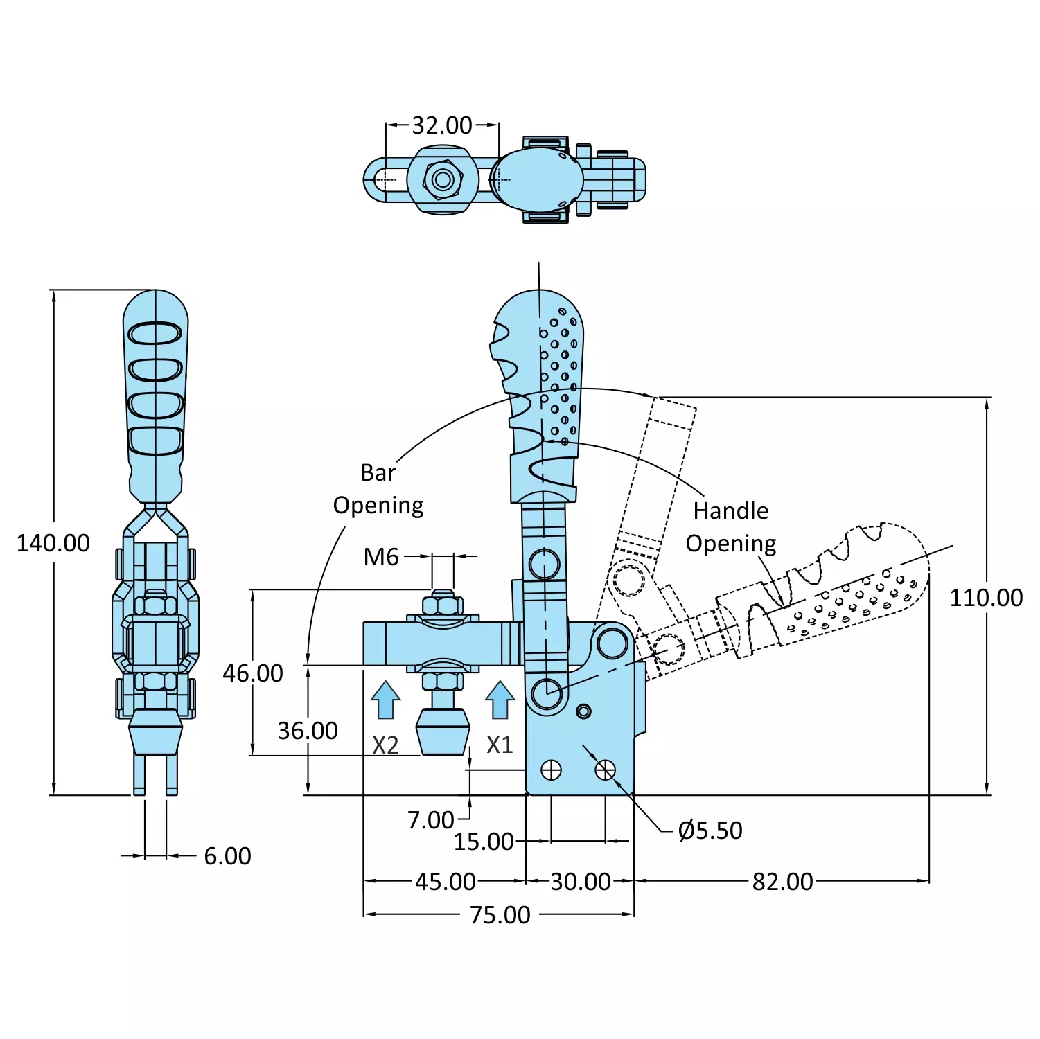 STEEL-SMITH Vertical Hold Down Action Medium Duty Clamps Straight Base 1 kN, VTC-2535-UB-BS