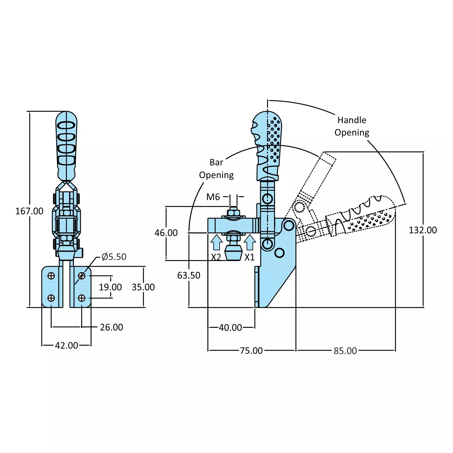 STEEL-SMITH Vertical Hold Down Action Medium Duty Clamps Front Base 1.00 kN, VTC-6440-UB-FM-SS