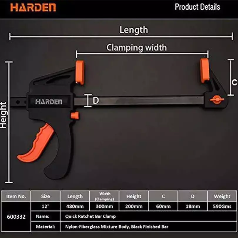 HARDEN Quick Ratchet Bar Clamp Nylon-Fiberglass Mixture Body 300 mm (12 inch) with Black Finished Bar, 600332