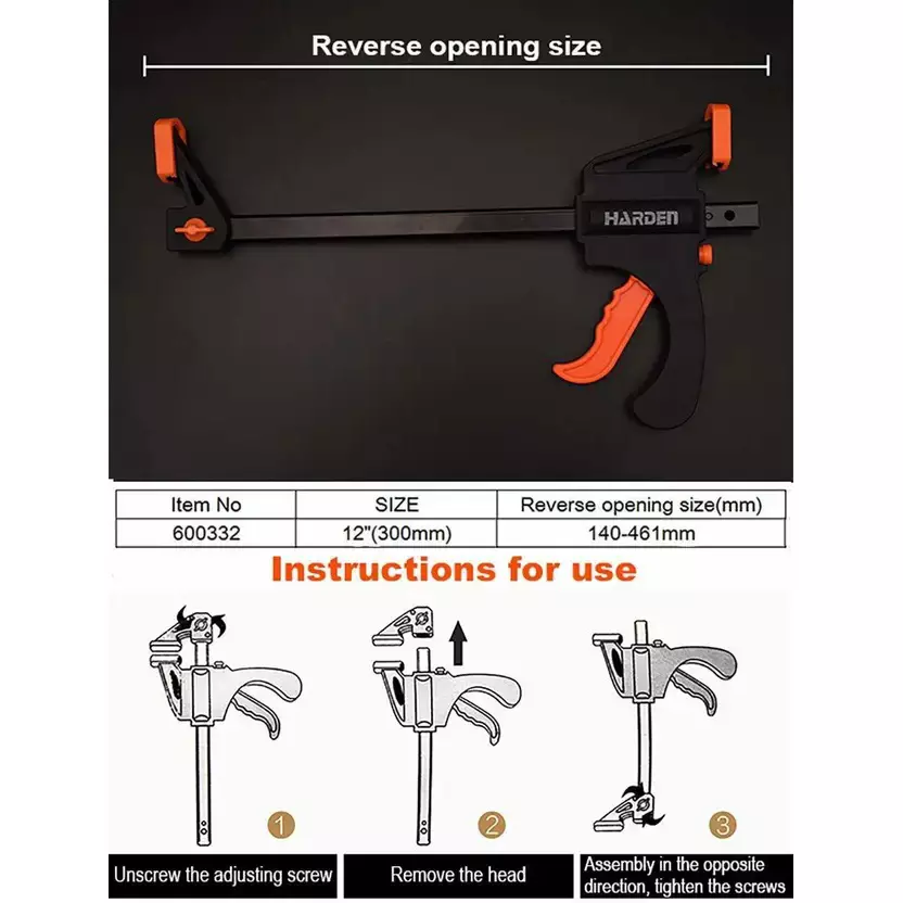 HARDEN Quick Ratchet Bar Clamp Nylon-Fiberglass Mixture Body 300 mm (12 inch) with Black Finished Bar, 600332