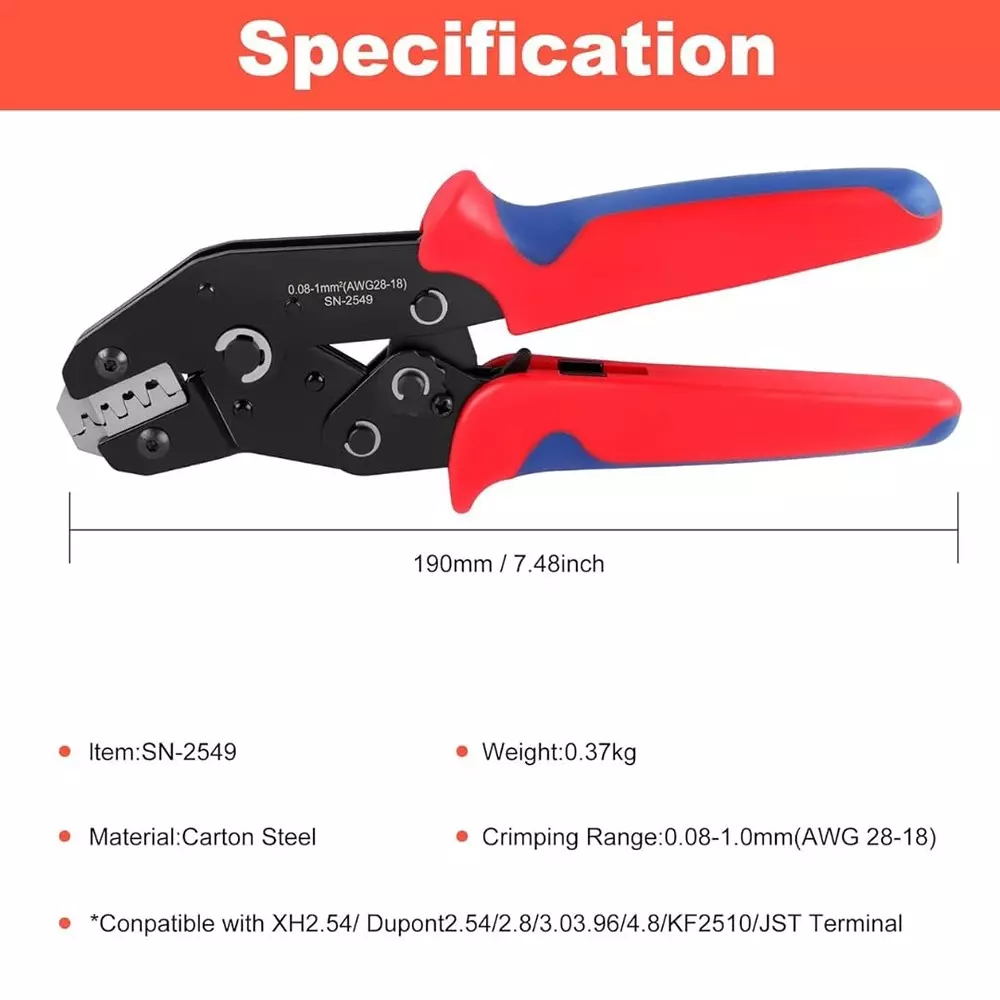 Jawsons Ratcheting Wire Crimper Tool Carbon Steel AWG 28–18 (0.08-1 mm²) Crimping Range, SN-2549