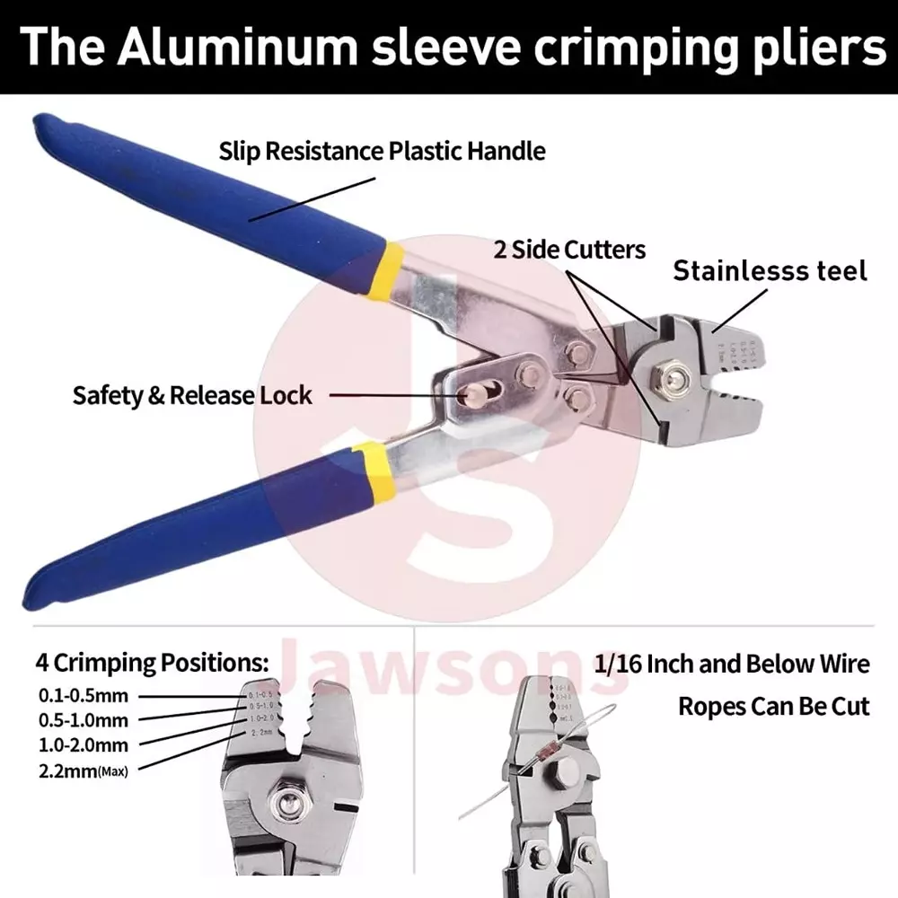 Jawsons Wire Rope Crimping Tool with 3 Size Aluminum Double Barrel Ferrule Crimping Loop Sleeve Kit