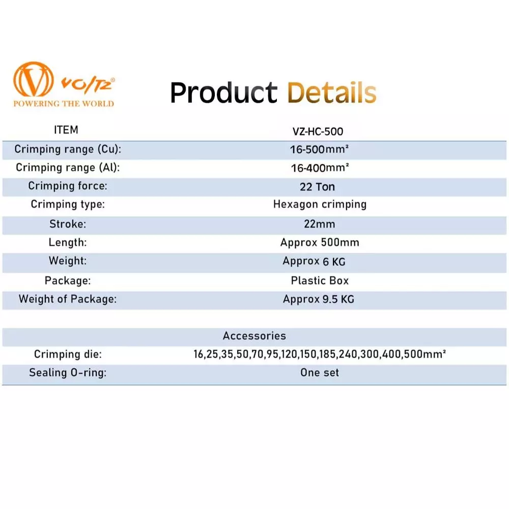 Voltz Hydraulic Crimping Tool with 24 Crimping Dies, 22 Ton Crimping Force and 16-500 mm Copper Crimping Rate, VZ-HC-500