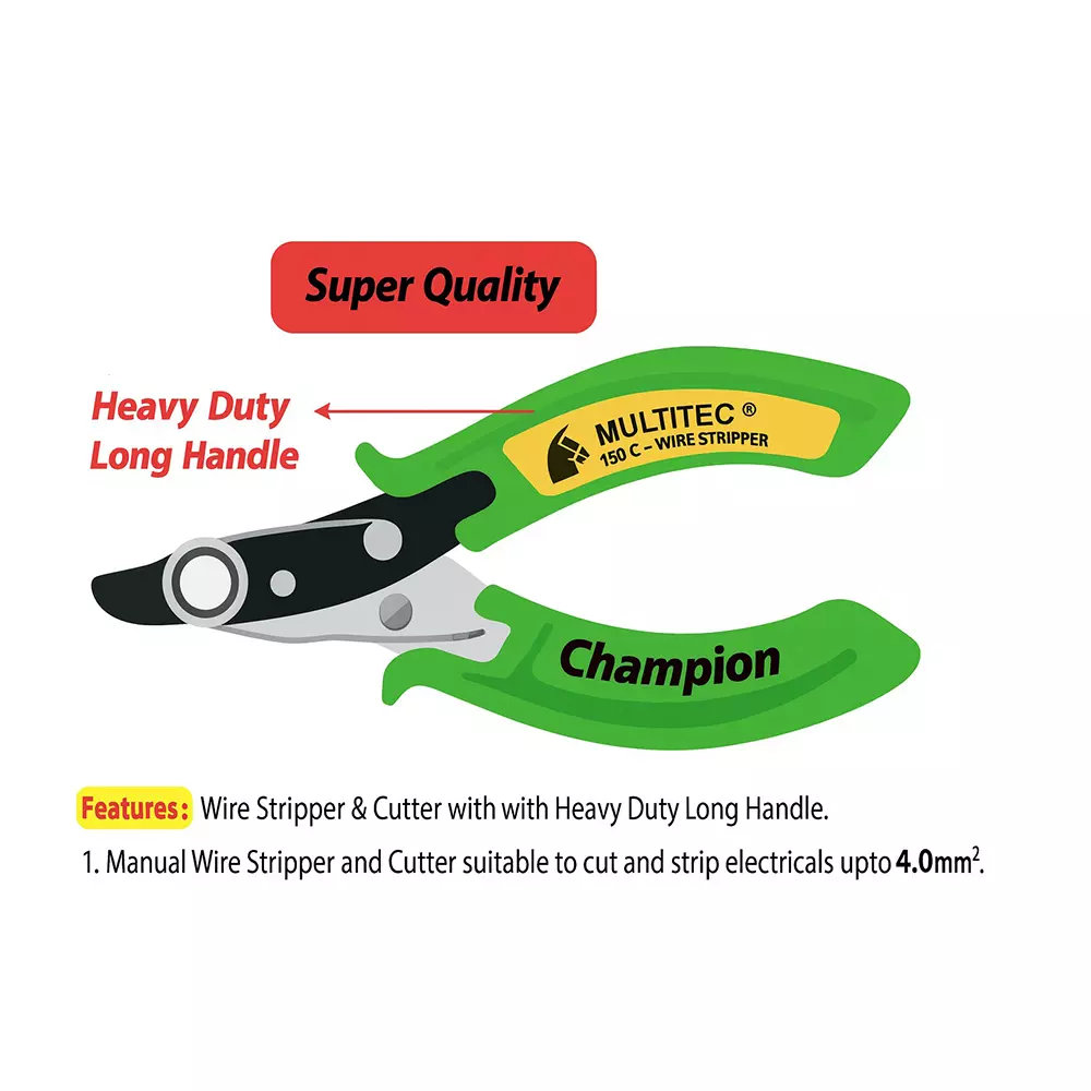 Multitec Wire Stripper & Cutter Long Handle Plastic & Steel Green & Black 4 mm² Stipper Diameter  for Industrial Use, 150 C Champion