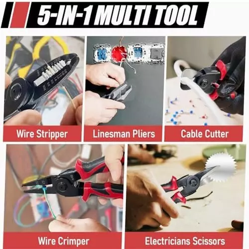 Malfah Enterprises 5-in-1 Multifunctional Pliers Tool Anti-Slip Grip Steel & Black Oxide Coating Red, Black