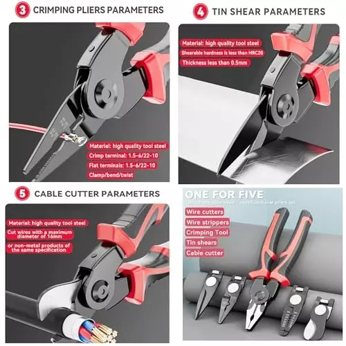 Malfah Enterprises 5-in-1 Multifunctional Pliers Tool Anti-Slip Grip Steel & Black Oxide Coating Red, Black