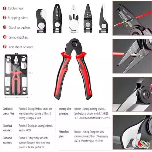 Malfah Enterprises 5-in-1 Multifunctional Pliers Tool Anti-Slip Grip Steel & Black Oxide Coating Red, Black