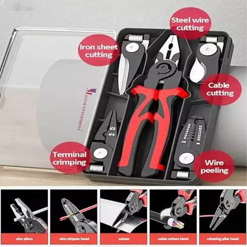 Malfah Enterprises 5-in-1 Multifunctional Pliers Tool Anti-Slip Grip Steel & Black Oxide Coating Red, Black