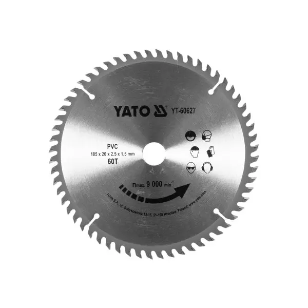 Yato Blade 185 mm Diameter x 20 mm Bore Size and 60 Teeth for PVC Cutting, YT-60627