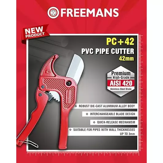 Freemans PVC Pipe Cutter 42 mm Capacity Up to 1-1/8 inch Outer Dia. Premium High-Grade Alloy Steel Blade Red, PC+42