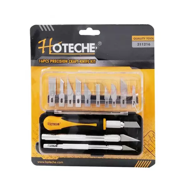 Hoteche 16 Pcs Precision Craft Knife Kit 120x8-11 mm Size Stainless Steel, Aluminum & ABS Or TPR Handle for Industrial Use, 311216