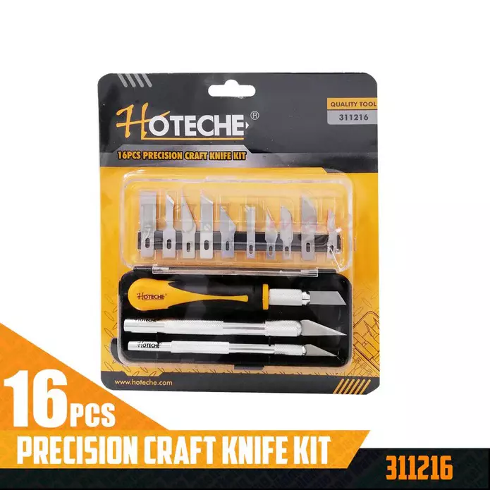 Hoteche 16 Pcs Precision Craft Knife Kit 120x8-11 mm Size Stainless Steel, Aluminum & ABS Or TPR Handle for Industrial Use, 311216