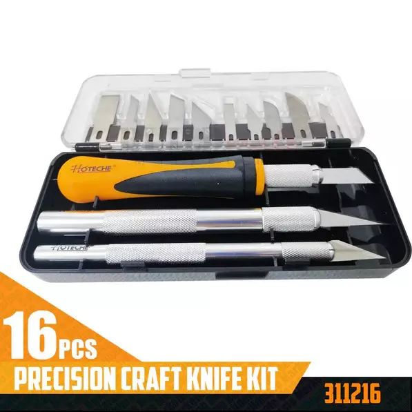 Hoteche 16 Pcs Precision Craft Knife Kit 120x8-11 mm Size Stainless Steel, Aluminum & ABS Or TPR Handle for Industrial Use, 311216